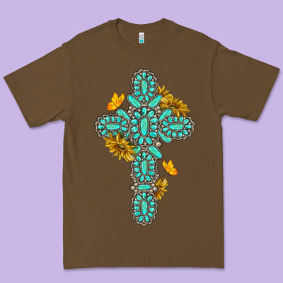 Gemstone Cross With Sunflowers And Butterflies Premium Tee Designed By Texasbilliewilder
