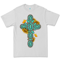 Dove Grey gemstone cross with sunflowers and butterflies Premium Tee - texasbilliewilder