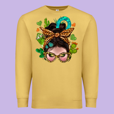 Western  Messy Bun With Cactus Premium Sweatshirt Designed By Bundleandbundleshop