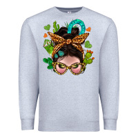 Heather Grey Western  Messy Bun With Cactus Premium Sweatshirt - BundleAndBundleShop