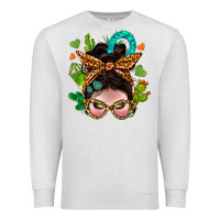 Oatmeal Heather Western  Messy Bun With Cactus Premium Sweatshirt - BundleAndBundleShop