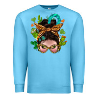 Ocean Blue Western  Messy Bun With Cactus Premium Sweatshirt - BundleAndBundleShop