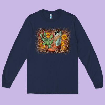 Cowboy Boots Cactus Leopard Long Sleeve Tee Designed By Adodesignshop
