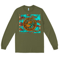 Army Green cowboy hat turquoise aztec background old wheel Long Sleeve Tee - Artiststas