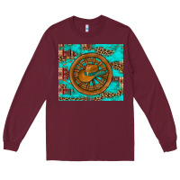 Burgundy cowboy hat turquoise aztec background old wheel Long Sleeve Tee - Artiststas