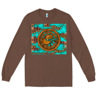 Chestnut cowboy hat turquoise aztec background old wheel Long Sleeve Tee - Artiststas