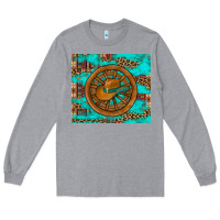 Heather Grey cowboy hat turquoise aztec background old wheel Long Sleeve Tee - Artiststas