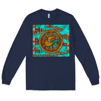 Navy cowboy hat turquoise aztec background old wheel Long Sleeve Tee - Artiststas