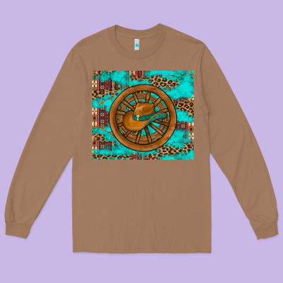 Cowboy Hat Turquoise Aztec Background Old Wheel Long Sleeve Tee Designed By Artiststas