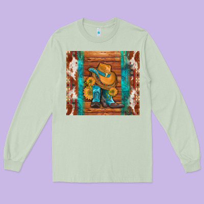 Cowboy Boots Turquoise Aztec Cowhide Long Sleeve Tee Designed By Artiststas