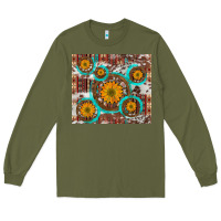 Army Green sunflowers and western old wheel aztec cowhide background Long Sleeve Tee - Artiststas