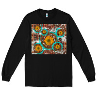 Black sunflowers and western old wheel aztec cowhide background Long Sleeve Tee - Artiststas