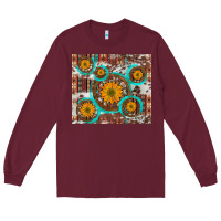 Burgundy sunflowers and western old wheel aztec cowhide background Long Sleeve Tee - Artiststas