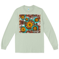 Matcha sunflowers and western old wheel aztec cowhide background Long Sleeve Tee - Artiststas
