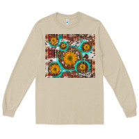 Sunflowers And Western Old Wheel Aztec Cowhide Background Long Sleeve Tee | Teevron