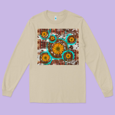 Sunflowers And Western Old Wheel Aztec Cowhide Background Long Sleeve Tee Designed By Artiststas
