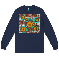 Navy sunflowers and western old wheel aztec cowhide background Long Sleeve Tee - Artiststas