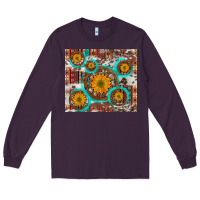 Plum sunflowers and western old wheel aztec cowhide background Long Sleeve Tee - Artiststas