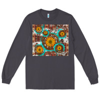 Smoke sunflowers and western old wheel aztec cowhide background Long Sleeve Tee - Artiststas