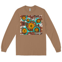 Toasted Coconut sunflowers and western old wheel aztec cowhide background Long Sleeve Tee - Artiststas