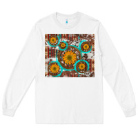 White sunflowers and western old wheel aztec cowhide background Long Sleeve Tee - Artiststas