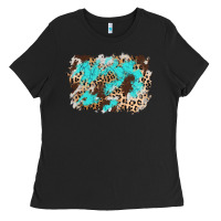 Black cowhide leopard turquoise background Ladies Tee - AdoDesignShop
