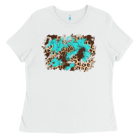 White cowhide leopard turquoise background Ladies Tee - AdoDesignShop
