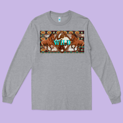 Aztec Horses And Wild With Cowhide License Plate Template Long Sleeve Tee Designed By Artiststas