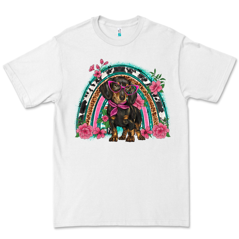 Dachshund Dog Pink  Floral Rainbow Premium Tee by BarkalooDesign | Teevron