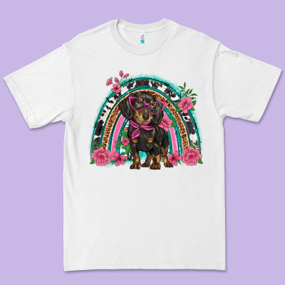 Dachshund Dog Pink  Floral Rainbow Premium Tee Designed By Barkaloodesign