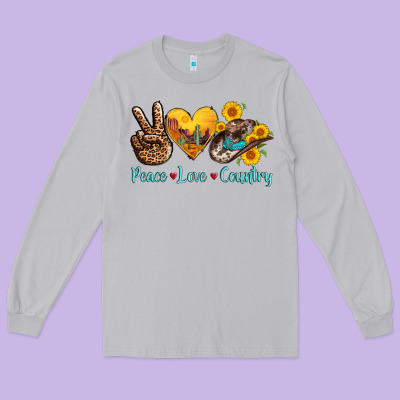 Peace Love Country Cowhide Cowboy Hat Long Sleeve Tee Designed By Adodesignshop