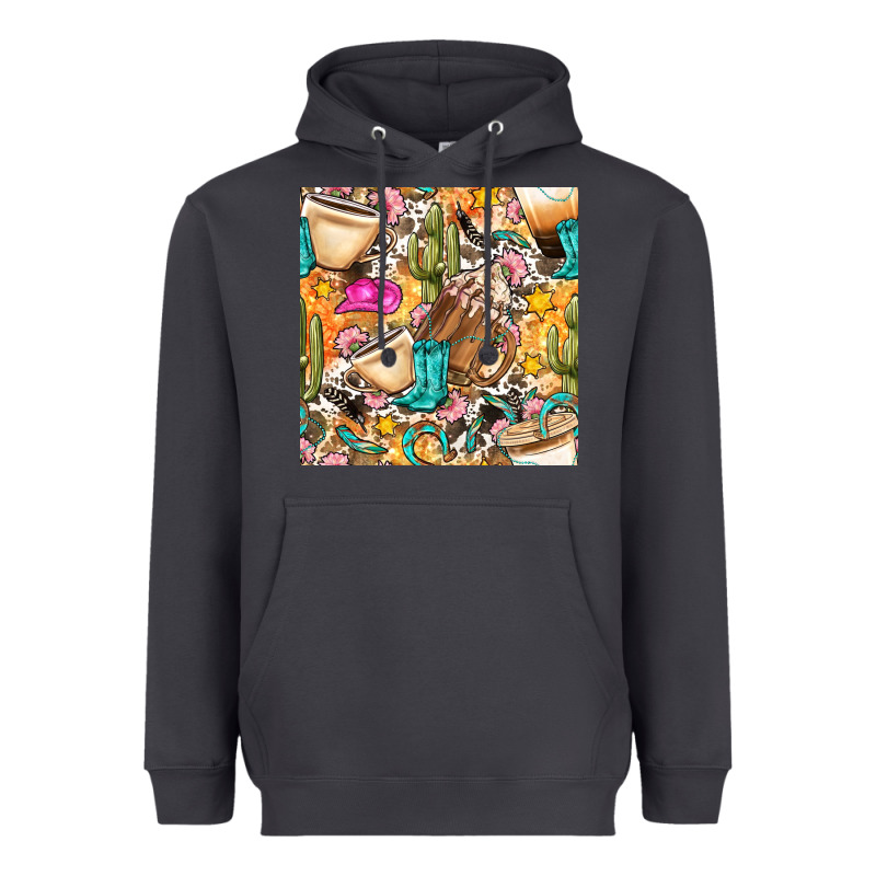 Western Cowgirl Coffee Cup With Cowhide Seamless Pattern Bbs Heavyweight Hoodie by BundleAndBundleShop | Teevron