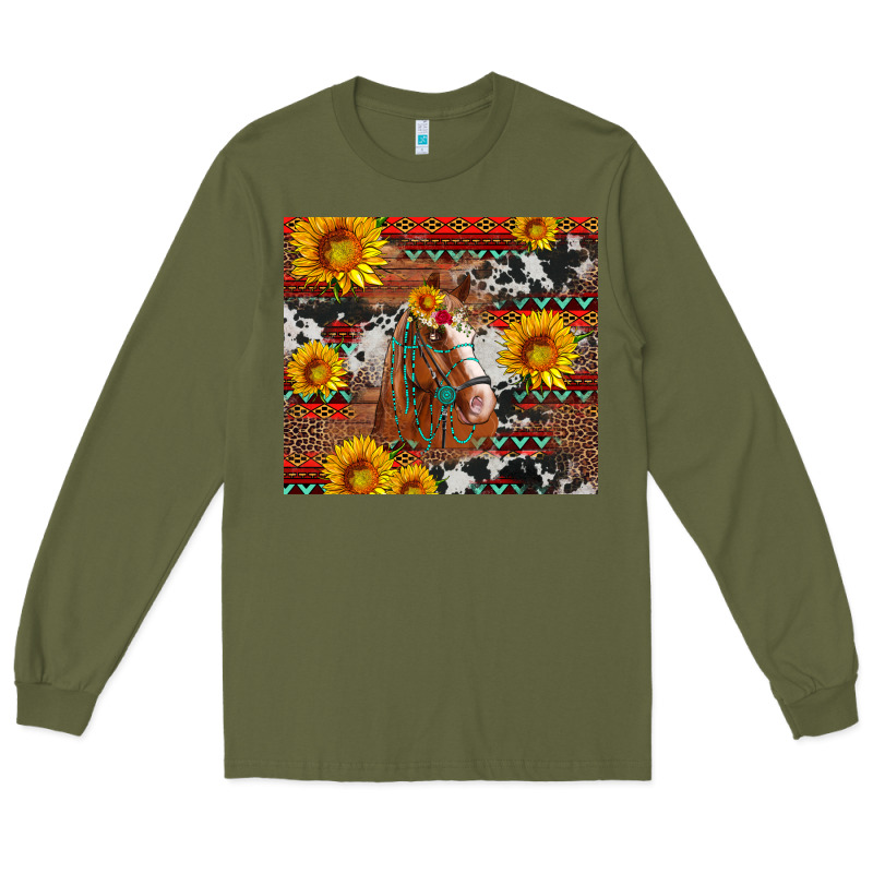 Western Horse With Sunflowers And Aztec Leopard Cowhide Long Sleeve Tee by Artiststas | Teevron