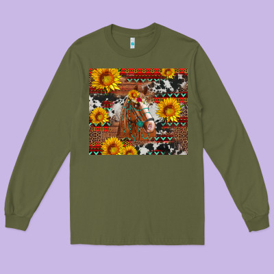 Western Horse With Sunflowers And Aztec Leopard Cowhide Long Sleeve Tee Designed By Artiststas