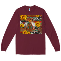 Burgundy western horse with sunflowers and aztec leopard cowhide Long Sleeve Tee - Artiststas