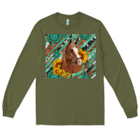Army Green western horse with gemstone and sunflower Long Sleeve Tee - Artiststas