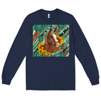 Navy western horse with gemstone and sunflower Long Sleeve Tee - Artiststas
