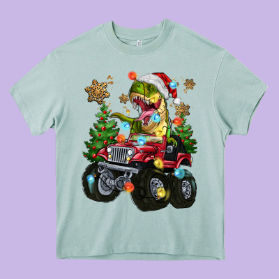 Christmas T-rex With Monster Truck Heavy Core Tee Designed By Maliassmallbusiness