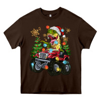 Chocolate Brown Christmas T-rex With Monster Truck Heavy Core Tee - MaliasSmallBusiness