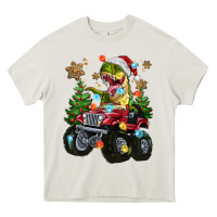 Cream Christmas T-rex With Monster Truck Heavy Core Tee - MaliasSmallBusiness
