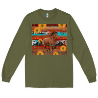 Army Green western horse and sunflowers cowhide leopard with aztec Long Sleeve Tee - Artiststas