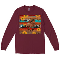 Burgundy western horse and sunflowers cowhide leopard with aztec Long Sleeve Tee - Artiststas