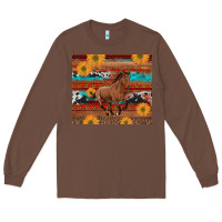 Chestnut western horse and sunflowers cowhide leopard with aztec Long Sleeve Tee - Artiststas