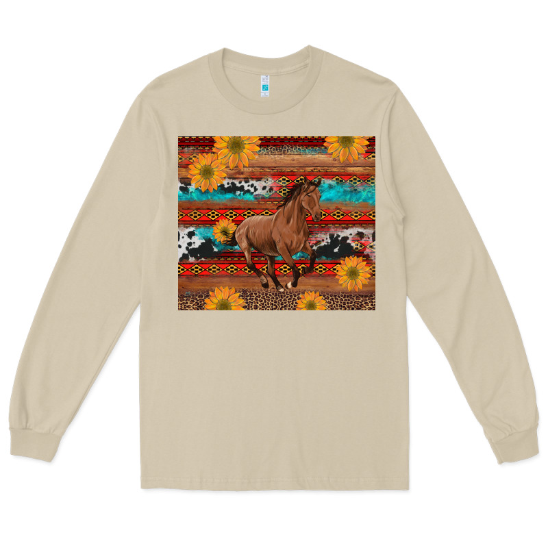 Western Horse And Sunflowers Cowhide Leopard With Aztec Long Sleeve Tee by Artiststas | Teevron