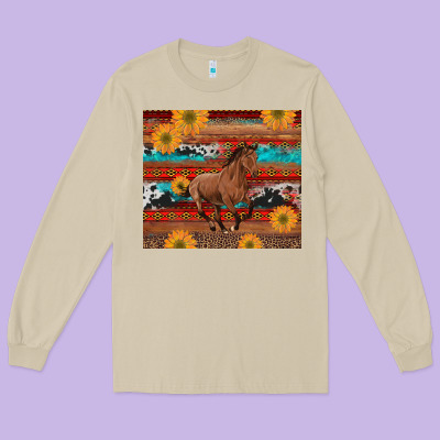 Western Horse And Sunflowers Cowhide Leopard With Aztec Long Sleeve Tee Designed By Artiststas