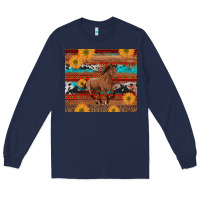 Navy western horse and sunflowers cowhide leopard with aztec Long Sleeve Tee - Artiststas