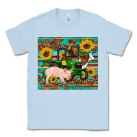 Dusty Blue western farm tractor pig rooster cow sunflowers Classic Tee - Artiststas