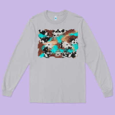 Western Cowhide Turquoise And Wood Background Long Sleeve Tee Designed By Artiststas