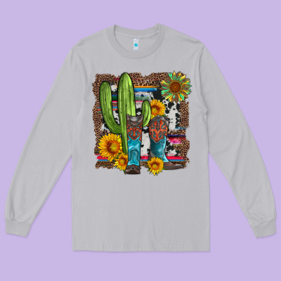 Western Cactus With Cowboy Boots And Sunflowers Long Sleeve Tee Designed By Artiststas