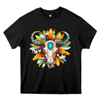 Black Western bull skull sunflower Heavy Core Tee - MaliasSmallBusiness